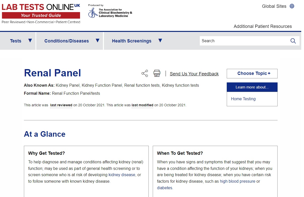 A screenshot of the Lab Tests Online-UK renal panel webpage
