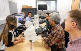 Cellular pathology trainees at microscopes being trained