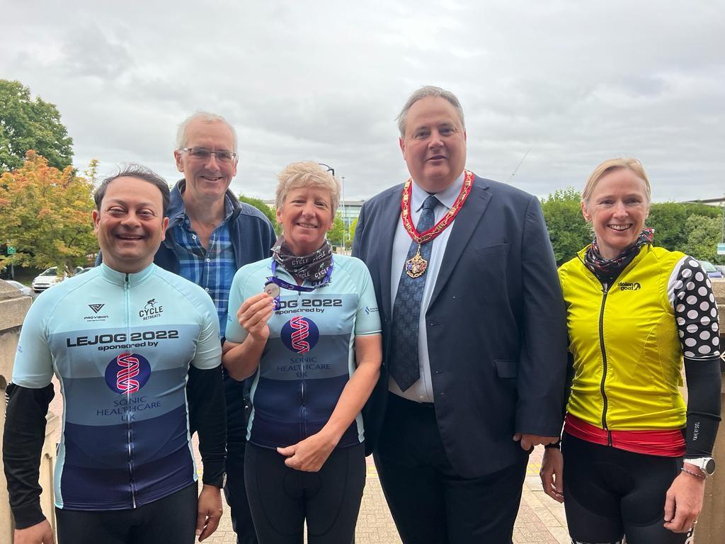 Professor Mike Osborn joined cyclists Professor Sarah Coupland, Rachel Brown, Aditya Shivane and Marin Gill at the start of their Land's End to John O'Groats bike ride.