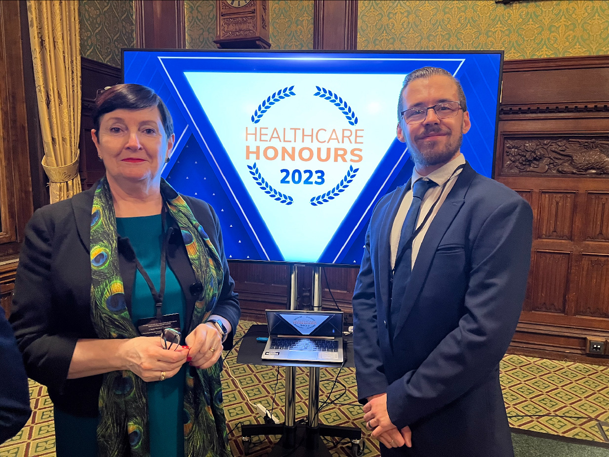 Professor Jo Martin, Pathology Portal Project Lead, with Luke Thrower, Pathology Portal Officer, at the Healthcare Honours Awards in November 2023.